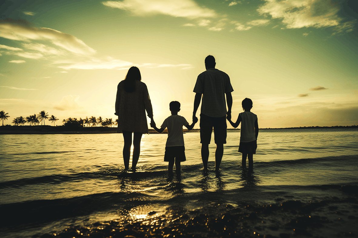 Family walking at sunset